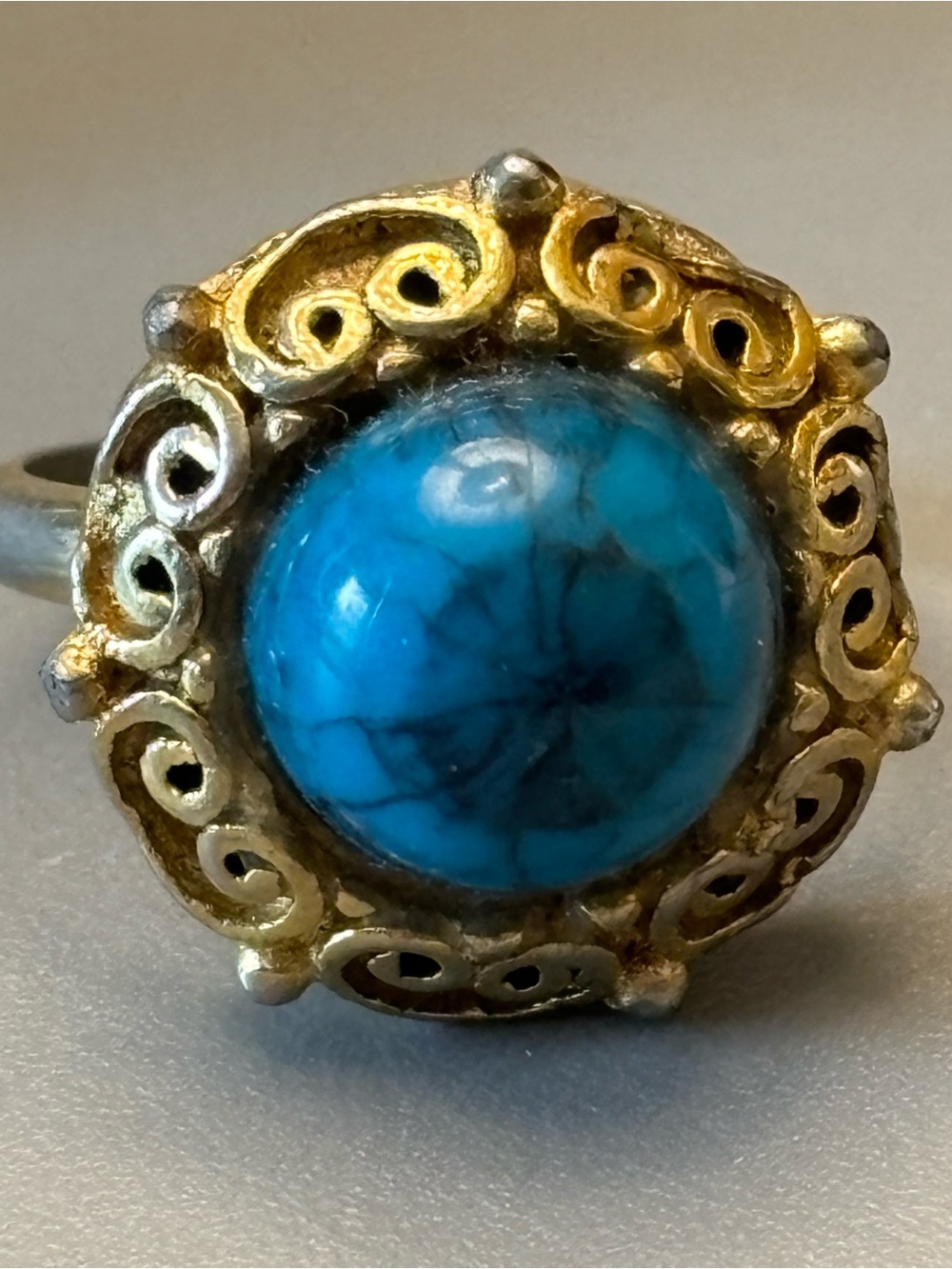 Vintage Handcrafted Turquoise Cabochon Gold-Tone Filigree Ring - Women Jewelry
